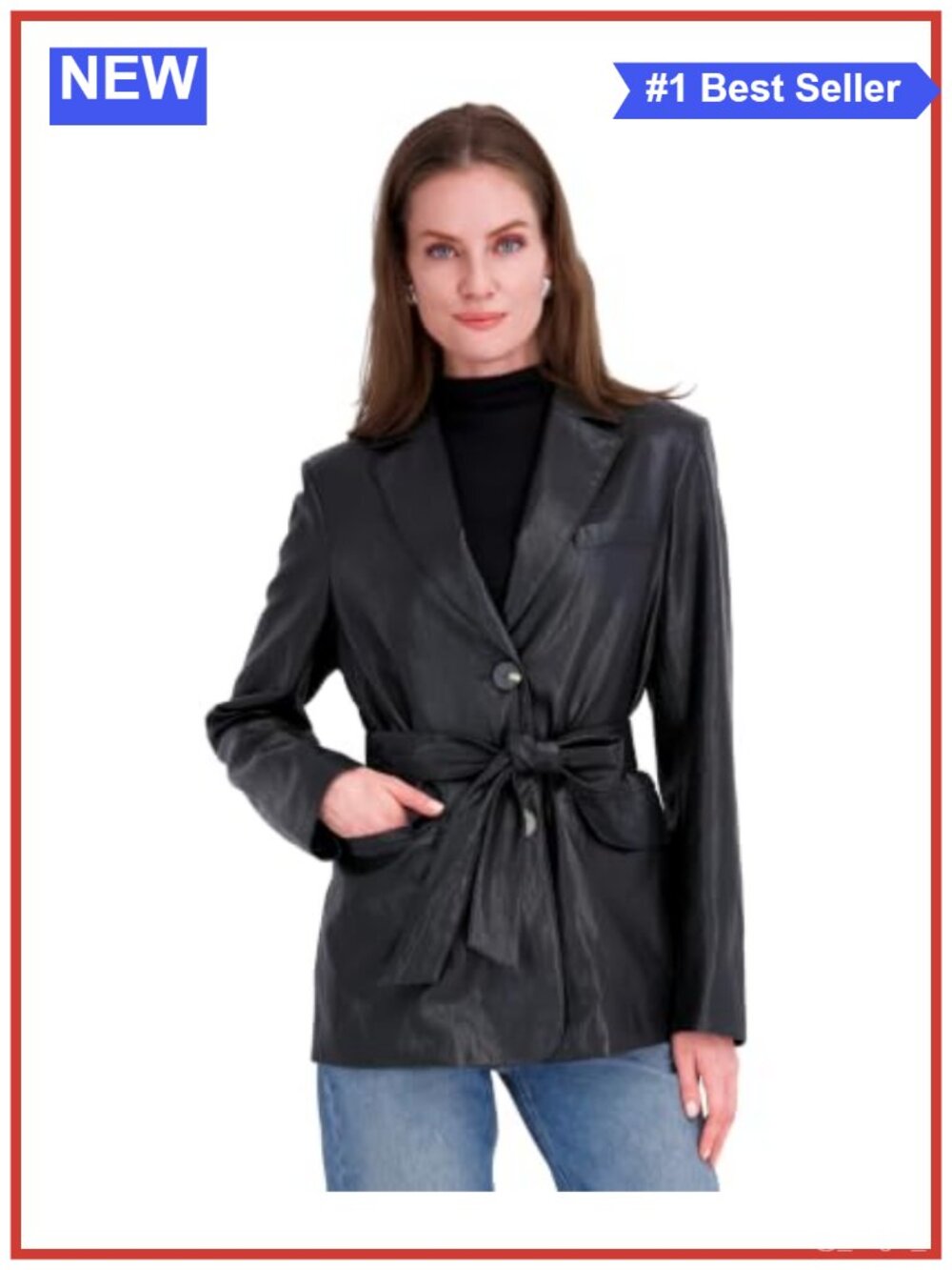 Faux Leather Blazer Jacket Tailored Fit with Belt